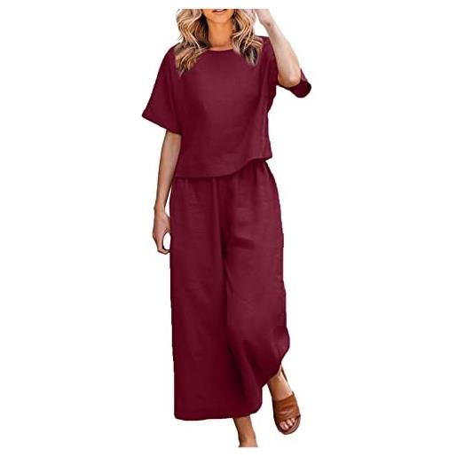 Generic completo da donna in tinta unita, in cotone, lino, camicia e pantaloni, due pezzi completi giacca e pantalone elegante