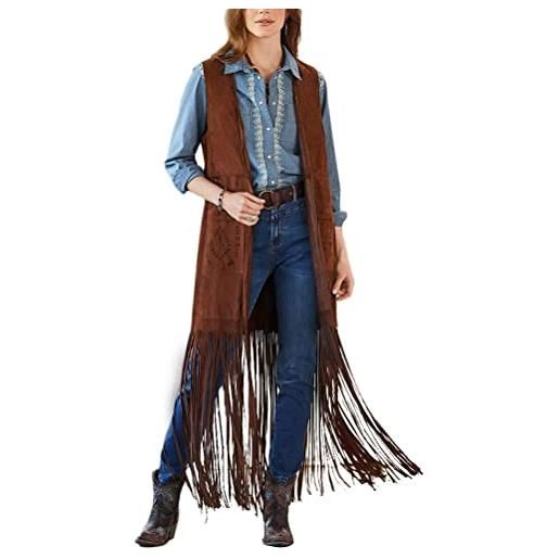 ORANDESIGNE gilet frange donna hippie cowboy lungo smanicato cardigan simil camoscio giacca senza maniche estiva giacche curvy cappotto sfrangiati jacket vintage streetwear coat a marrone s