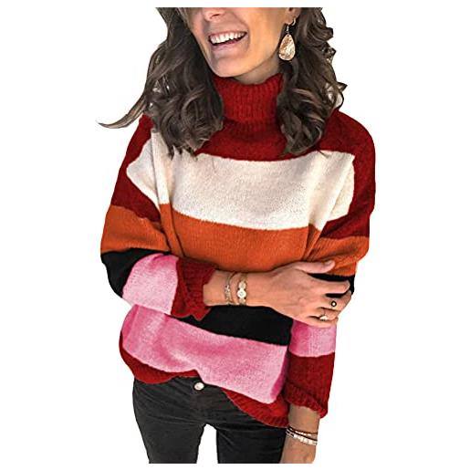 ORANDESIGNE maglione donna collo alto pullover manica lunga moda tops maglione righe patchwork sweater elegante baggy jumper casual giuntura maglione autunnale invernale a cachi s