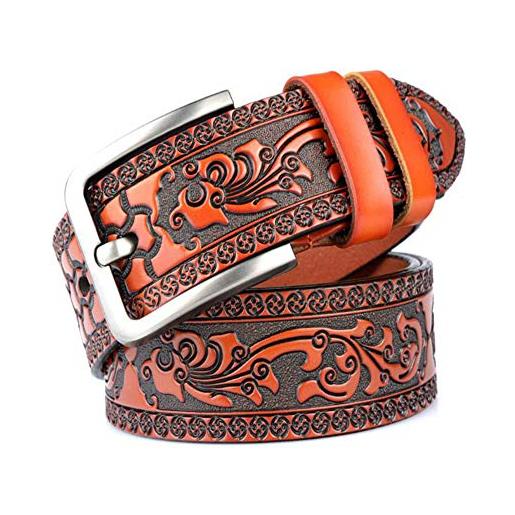 PACDE cintura western retro in vera pelle di mucca jeans fiore in rilievo uomo, caff, 105cm