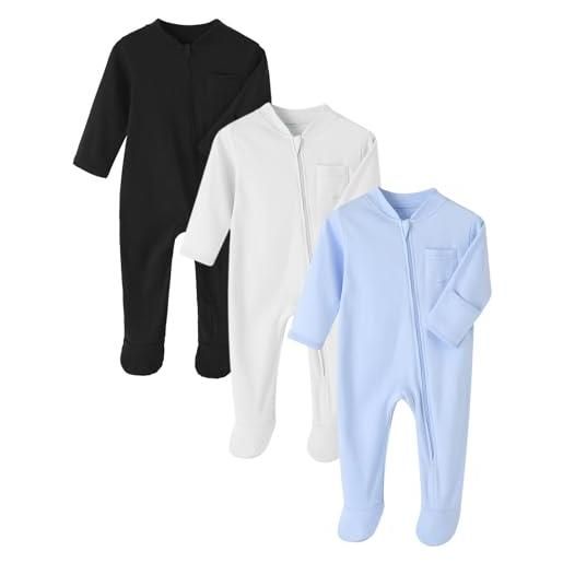 amropi neonato pigiama confezione da 3 tutine bambino manica lunga pagliaccetto in cotone blu marina beige, 0-3 mesi