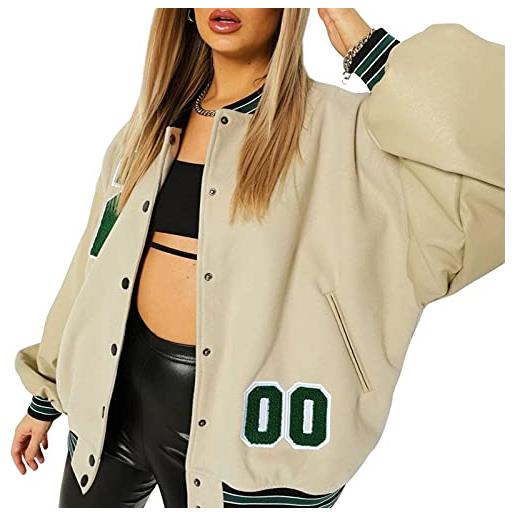Yassiglia giacche da baseball oversize da donna giacche da ricamo con lettere a maniche lunghe in pelle alla moda giacca y2k da donna (nero verde, s)