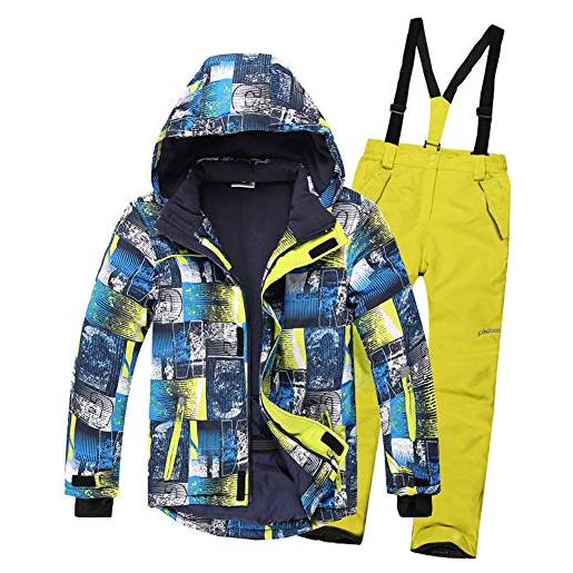 SXSHUN raggazo tuta da sci 5000mm antivento e impermeabile tuta da neve giacca soft shell + salopette snowboarding sport invernali, pantaloni nero, 5-7 anni (122/128)