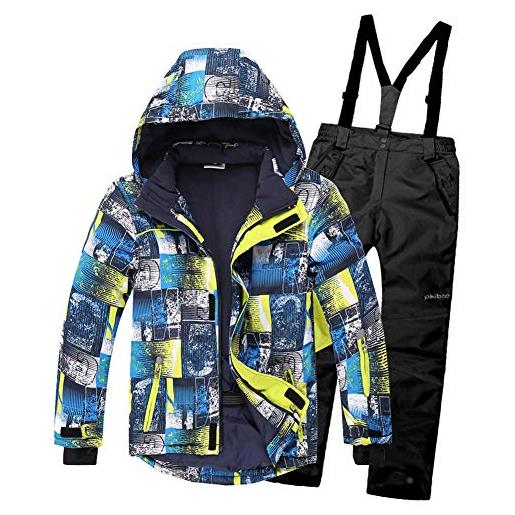 SXSHUN raggazo tuta da sci 5000mm antivento e impermeabile tuta da neve giacca soft shell + salopette snowboarding sport invernali, pantaloni giallo, 7-9 anni (134/140)