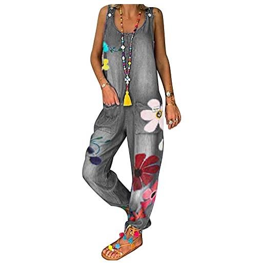 ORANDESIGNE salopette boho da donna senza maniche a fiori retrò in denim tuta con bretelle