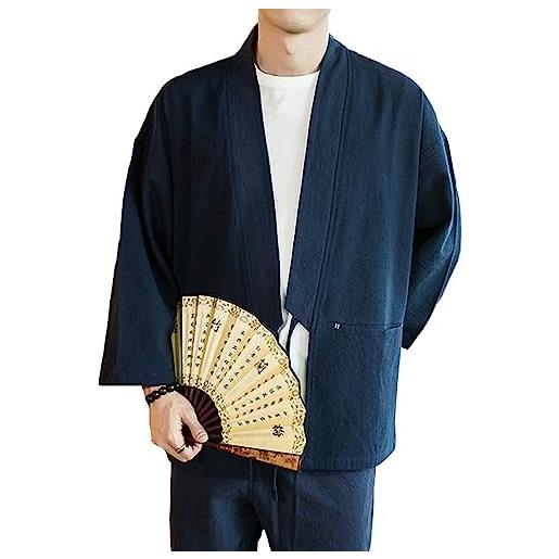 Daoba uomo cardigan kimono camicia giapponese casual loose giacche lino cappotto corto