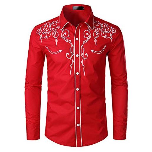 NOBRAND jinyaun elegante camicia da cowboy occidentale da uomo ricamata, vestibilità aderente, casual, a maniche lunghe, camicia da uomo per feste di nozze, rosso, l