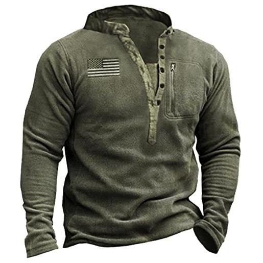 Chahuer giacca in peluche moda uomo autunno/inverno bandiera americana felpa sportiva tattica colletto henley felpa in pile soffice verde militare l