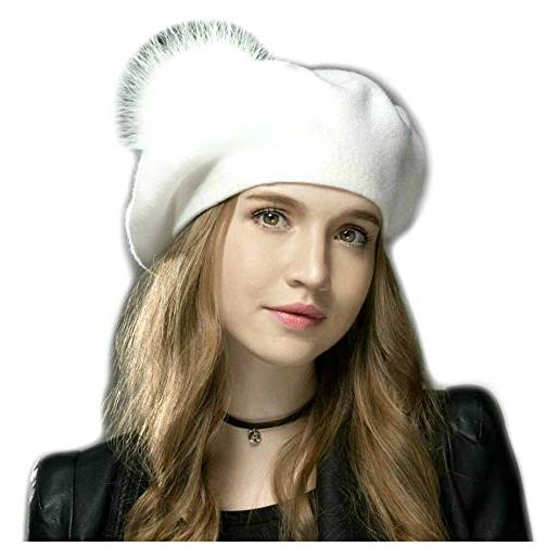 Brillabenny basco berretto pelliccia vera e cashmere cappello cappellino cuffia ragazza hat cap fur pon pom luxury (nero black)