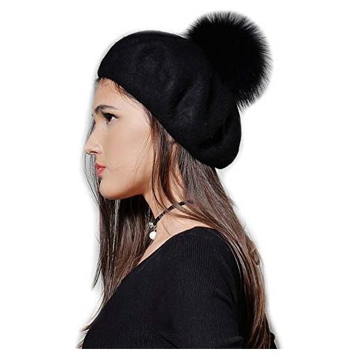Brillabenny basco berretto pelliccia vera e cashmere cappello cappellino cuffia ragazza hat cap fur pon pom luxury (nero black)