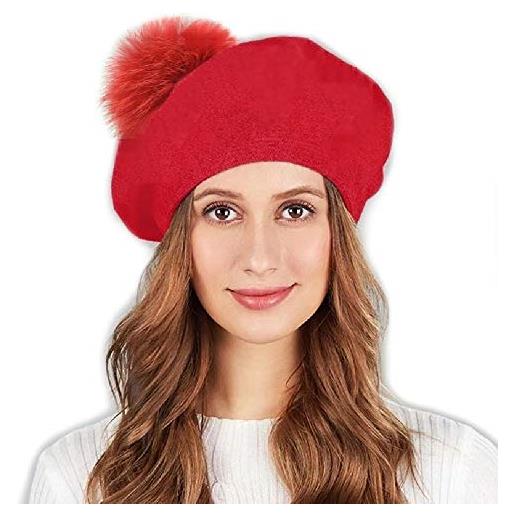Brillabenny basco berretto donna lana cashmere pon pon pelliccia vera cappello cuffia donna hat cap luxury (beige con stelle)