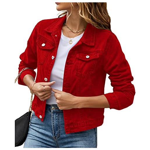 SOMTHRON giacca da donna in denim, a maniche lunghe, con bottoni, risvolti, tinta unita, slim fit, cropped jean, colore: rosso, xl
