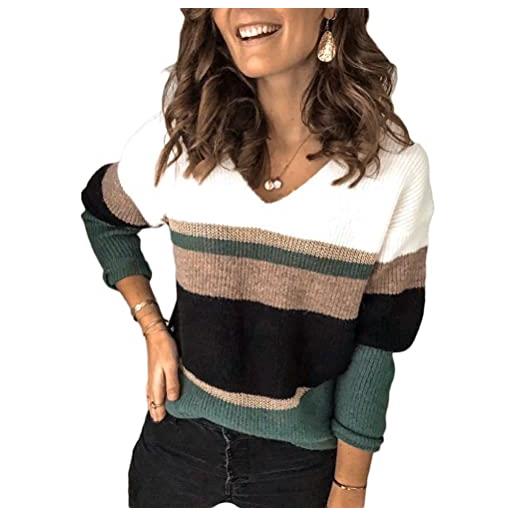 Onsoyours maglione donna girocollo invernale maglione lavorato a maglia donna con pannello a righe a v maniche lunghe casual pullover d verde xl