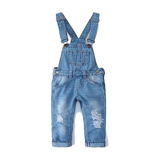 KIDSCOOL SPACE salopette di jeans da bambina, pantaloni slim carini in denim srappato da bambino, azzurro, 7-8 anni