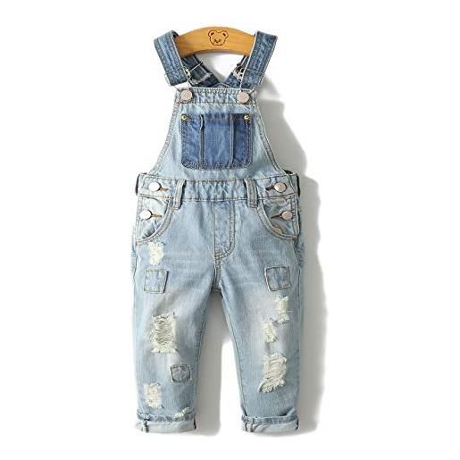 KIDSCOOL SPACE salopette di jeans da bambina, pantaloni slim carini in denim srappato da bambino, azzurro, 6-7 anni
