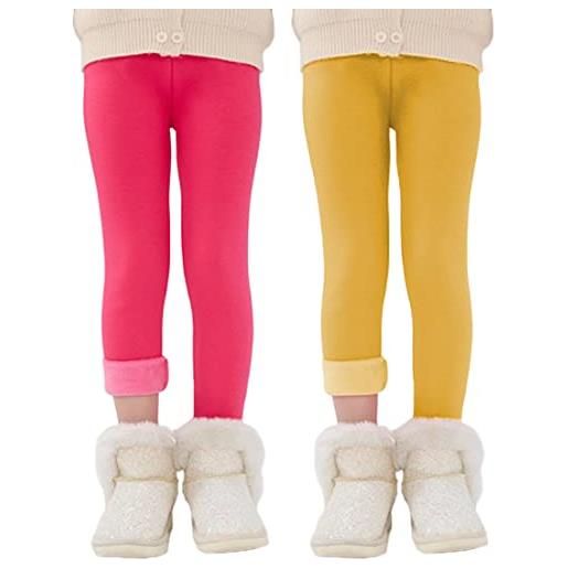 Kiench leggings invernali bambina pantaloni felpati cotone lunghi pacco da 2 rosa caldo & giallo eu 104-110/4-5 anni etichetta 110