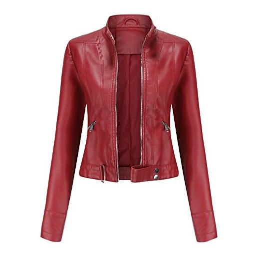 semen giacca in similpelle da donna cappotto da moto corto con collo montant jacket faux leather biker casual giacca con zip, bordeaux, 42