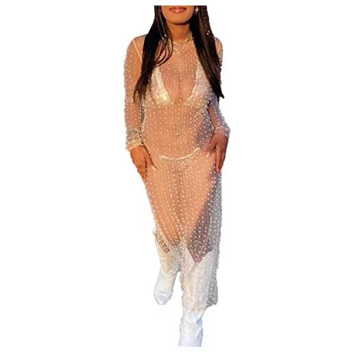 ERMODA copricostume da donna con strass di perle trasparenti in rete trasparente con maxi abito da spiaggia copricostume da bagno (color: white c, size: large)