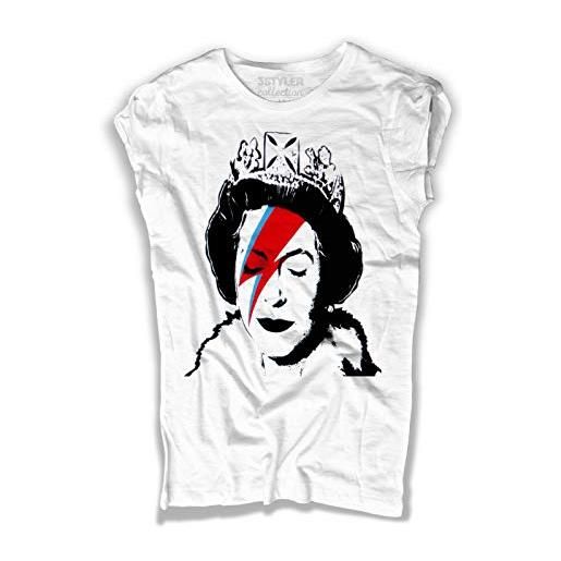 3stylercollection t-shirt donna bianca elisabeth queen - fulmine thunder make-up - regina elisabetta - rebel rebel