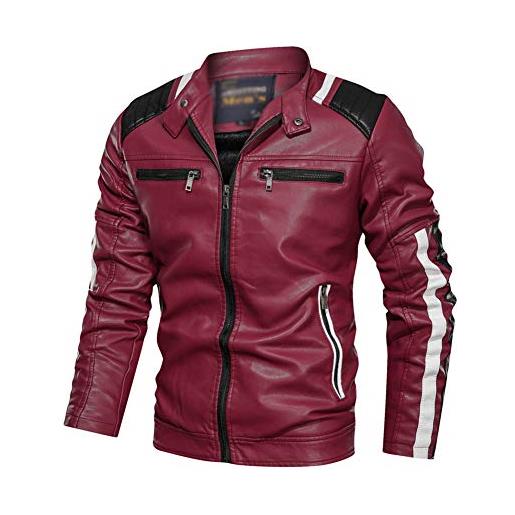 YOUCAI giacca in pelle ecopelle da uomo stile biker giubbotto casual vintage giacca da motociclista moda risvolto retro caldo giacca classico invernale cappotto bomber giubbini manica lunga, rosso, l