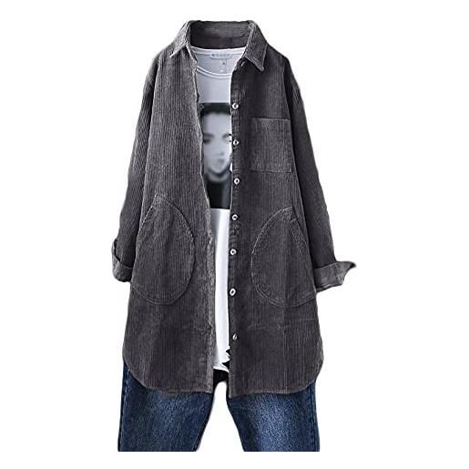 FTCayanz donna giacca cotone cardigan casual oversized top camicia grigio scuro l