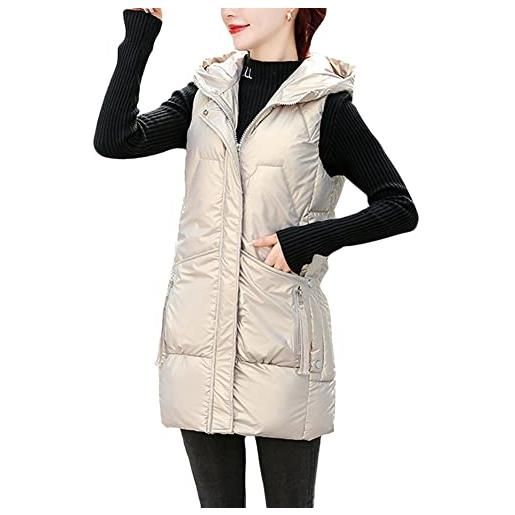 GUOCU gilet con cappuccio donna lungo cappotto piumino senza maniche gilet trapuntato autunno invernali eleganti smanicato piumino giacca piumino con cerniera senza maniche imbottito giacche grigio m