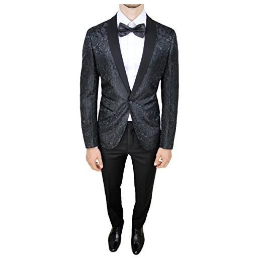 Mat Sartoriale abito completo uomo sartoriale nero tessuto raso floreale slim fit vestito smoking elegante (48, nero)