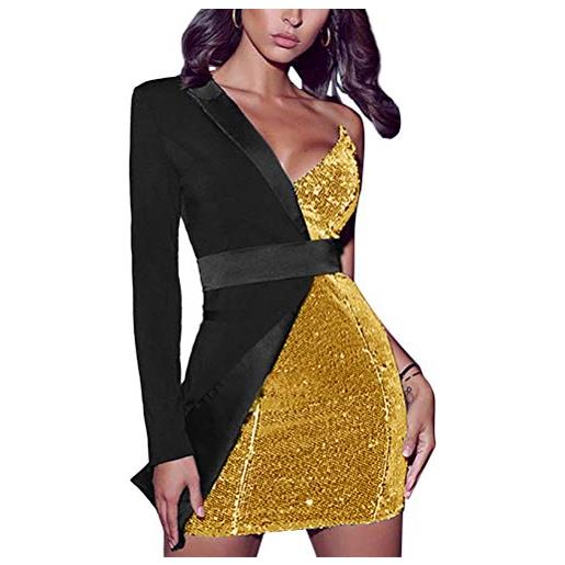 Minetom donna vestito sexy scollo a v fuori spalla mini abito da party sera e cerimonia moda senza maniche paillettes corto vestiti oro 48