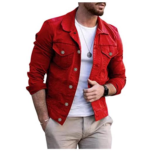 Oanviso giacca a camicia da uomo tinta unita manica lunga giacca in denim vintage classica revers camicia cowboy giubbotto da mezza stagione con bottone e tasche casual slim outwear a rosso s