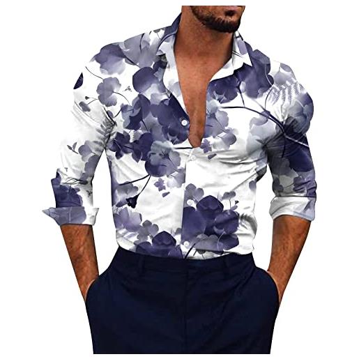 Generic camicia da uomo a maniche lunghe con bottoni e bottoni per uomo camicia in cotone casual button down camicie a fiori fantasia camicie a bottoni, bianco, 3xl