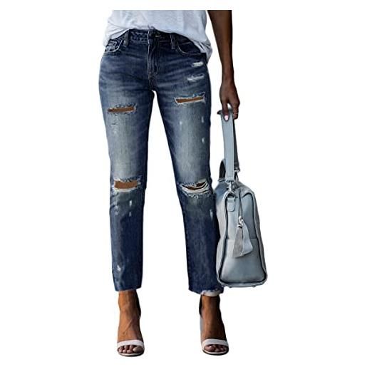 ORANDESIGNE jeans skinny a vita alta da donna pantaloni in denim elasticizzato jeans eleganti strappati pantaloni in jean stretti lunghi jeans jeggings distrutti fori irregolari jeans n blu xl