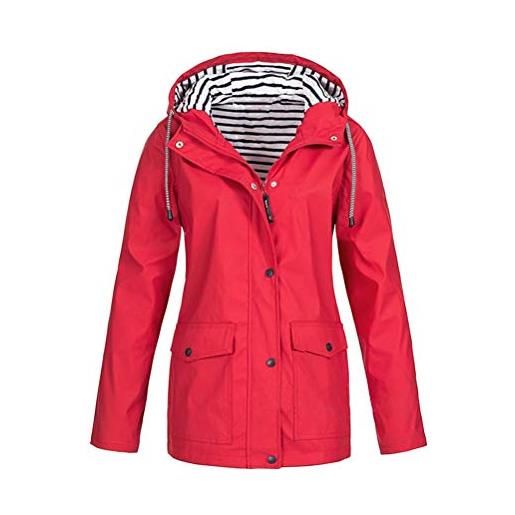 ORANDESIGNE giacca impermeabile donna con cappuccio lunga antipioggia giacca a vento cappotto lungo casual per escursioni in campeggio leggera idrorepellente traspirante cappotto rosso s