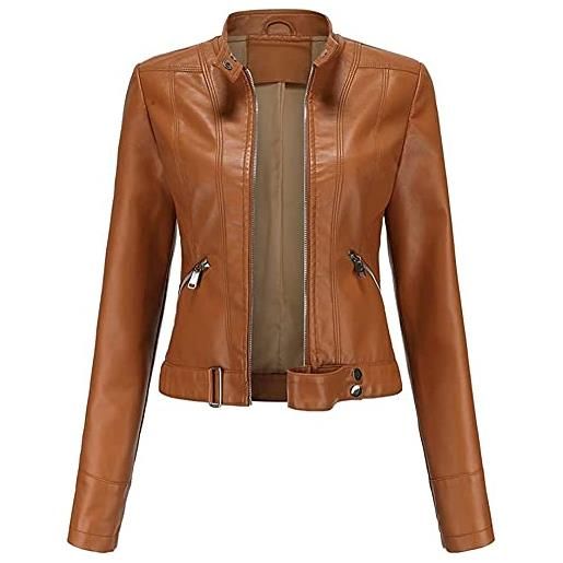 WERTYT giacca in pelle pu da donna, giacca biker corta con zip, vintage tasche giacca manica lunga in ecopelle slim (viola scuro, xl)
