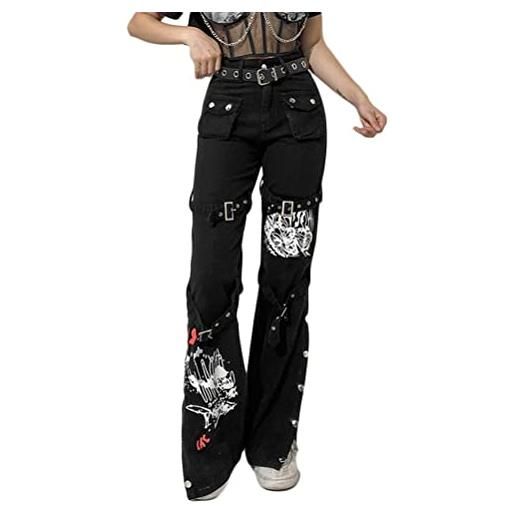 Onsoyours jeans svasati a vita bassa da donna black punk goth jeans donna estetica streetwear vintage con tasche pantaloni cargo casual slim fit nero 03 s