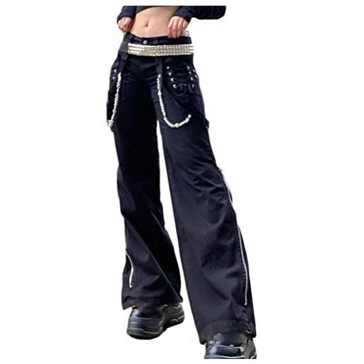 Onsoyours jeans svasati a vita bassa da donna black punk goth jeans donna estetica streetwear vintage con tasche pantaloni cargo casual slim fit nero 03 s