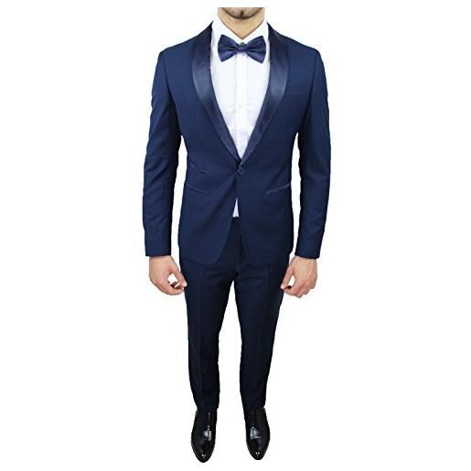 Mat Sartoriale abito completo uomo sartoriale raso slim fit vestito smoking aderente elegante cerimonia (48, blu)