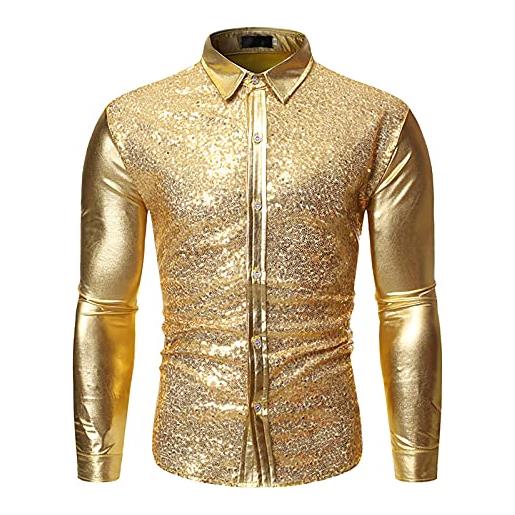 Take Idea camicia da danza da uomo con paillettes dorate, slim fit, con colletto alla coreana, in materiale stretch, gold, s