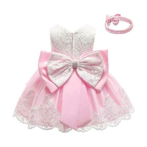 WangsCanis 2pcs vestito principessa bambina in pizzo abito principessa elegante tutu senza maniche neonata in tulle vestito da festa compleanno matrimonio (rosa, 12-18 mesi)