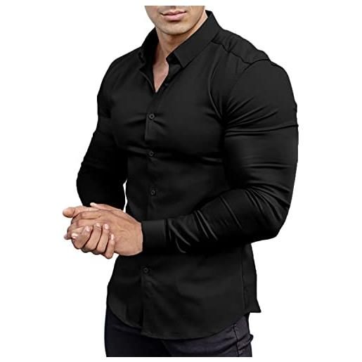 Sprifloral camicia da uomo a maniche lunghe, elasticizzata, casual, con bottoni, taglie m-3xl, nero , xxl