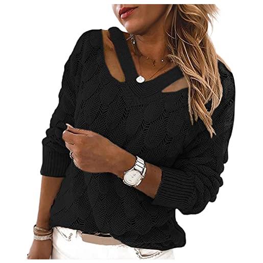 ORANDESIGNE donna lavorato maglione tinta unita maglia manica lunga casual scollo a v maglioni svuotare pullover trama di piume b nero xl