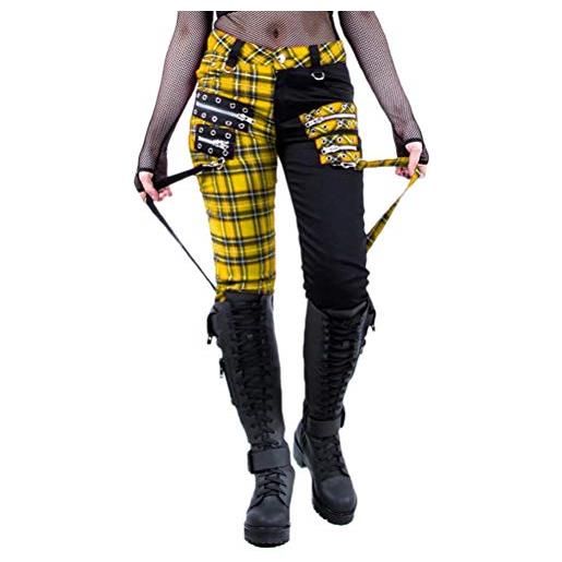 Minetom donna pantaloni a quadri con bretelle skinny abbinamento di colore vita alta punk pantaloni plaid di tartan giallo xl