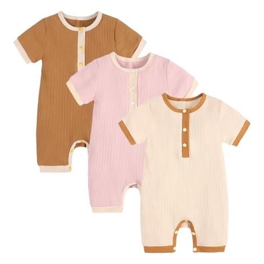 amropi bambina ragazze pagliaccetto 3 pezzi pigiama manica corta cotone jumpsuit tutine rosa/bianco/borgogna, 12-18 mesi