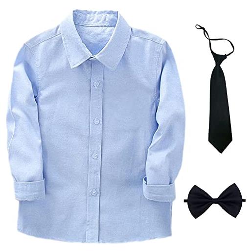 aromm camicia da ragazzo con maniche lunghe bottoni uniforme scolastica solida nero camicia oxford con cravatta e papillon, 170