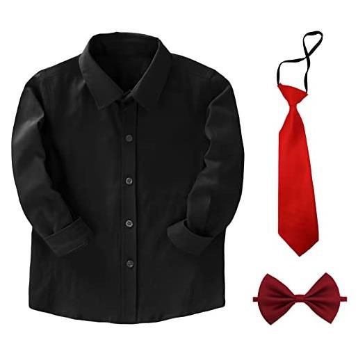 aromm camicia da ragazzo con maniche lunghe bottoni uniforme scolastica solida nero camicia oxford con cravatta e papillon, 160
