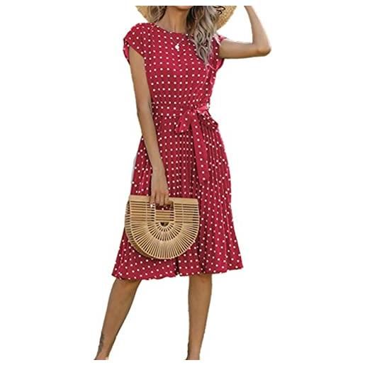 XinCDD abito casual elegante tunica a maniche corte da donna motivo a pois scollo rotondo vestito midi per l'estate abito da spiaggia (s, vino rosso)
