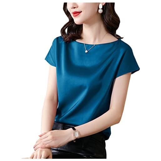 Generic raso semplice o-collo donna t-shirt estate manica corta elegante verde tshirt femminile allentato top, blu pavone, l