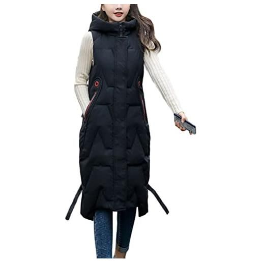 ORANDESIGNE donna inverno gilet lungo con cappuccio caldo cappotto di piumino senza maniche trapuntato giubbotto con tasche giacca senza maniche cappotto imbottito elegante b nero l