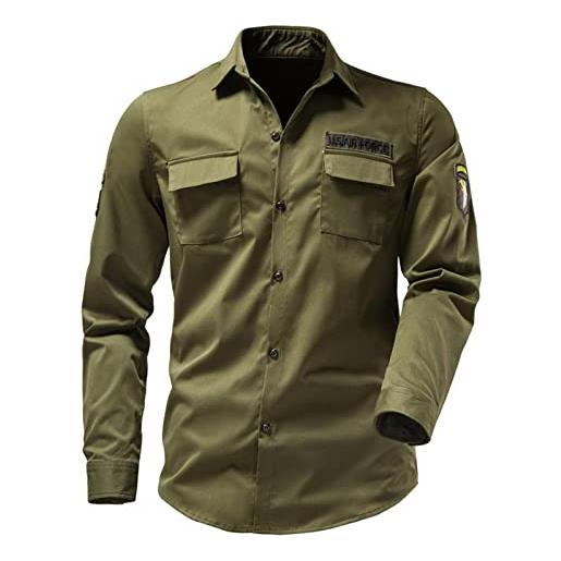 XianXinXn camicia ricamata multitasca da uomo all'aperto camicie militari a maniche lunghe larghe alla moda verde militare xxl
