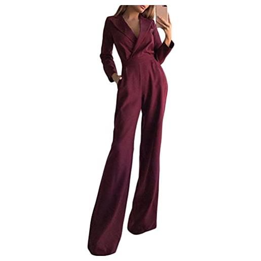 Minetom donne elegante scollo v manica lunga jumpsuit playsuit pantaloni gamba larga festa tuta pagliaccetti monopezzi a rosso xs