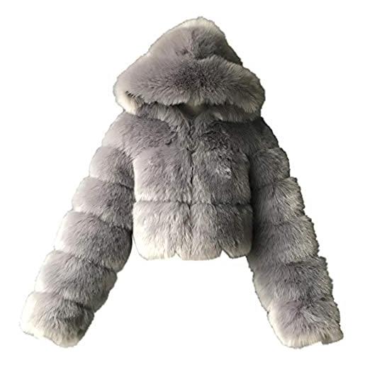 Vagbalena cappotto donna in pelliccia sintetica con cappuccio taglio a bolla giacca donna in camoscio giacca corta in pile con cappuccio piumino caldo (bianco, s)